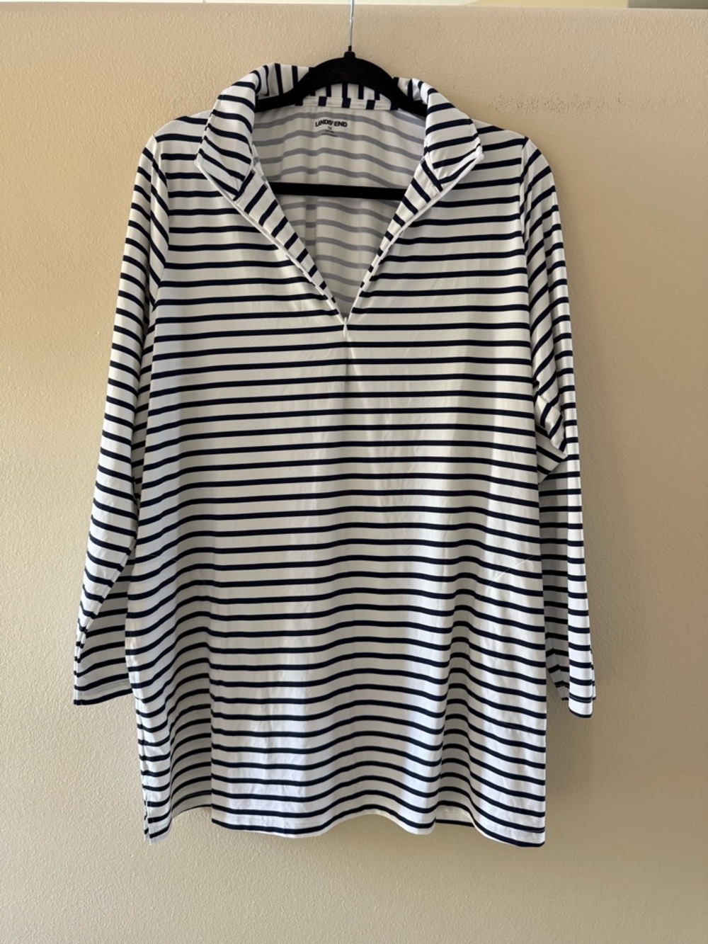 Lands' End Navy & White Striped Swim Dress Coverup With Pockets